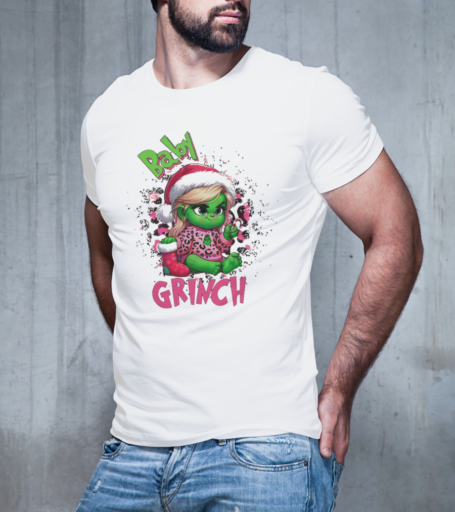 Baby Grinch Pink Leopard Christmas T-Shirt