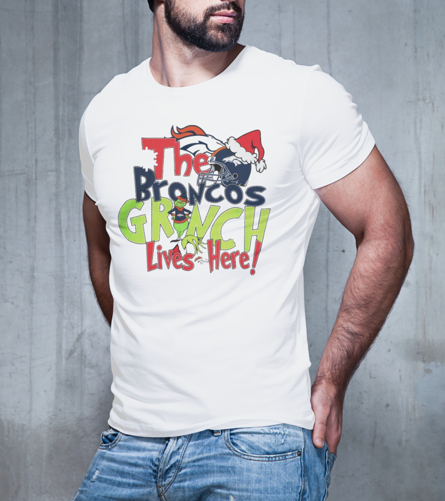 The Broncos Grinch Lives Here Christmas Denver Broncos Santa Hat Helmet T-Shirt
