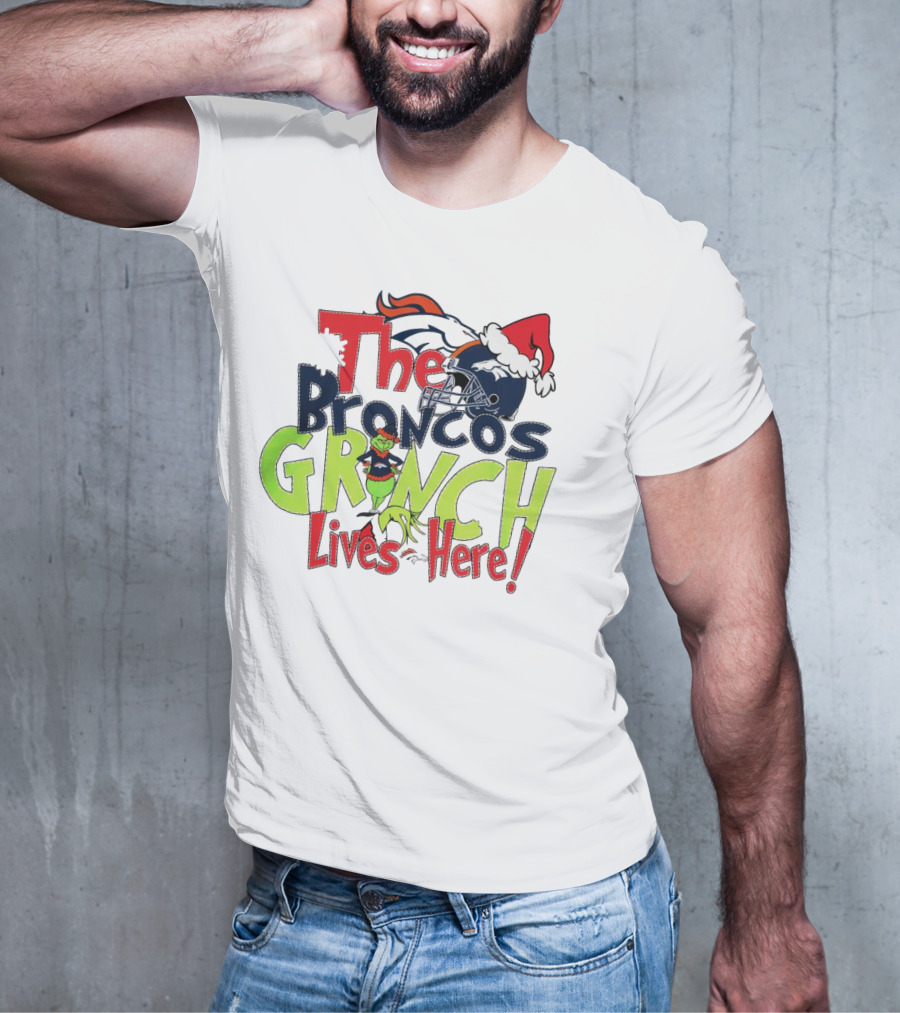 The Broncos Grinch Lives Here Christmas Denver Broncos Santa Hat Helmet T-Shirt