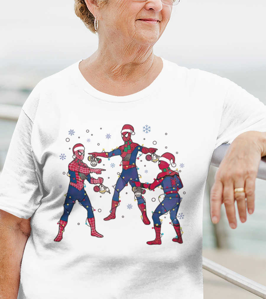 Funny Marvel Three Spiderman Meme Santa Christmas Lights Snowflakes T-Shirt