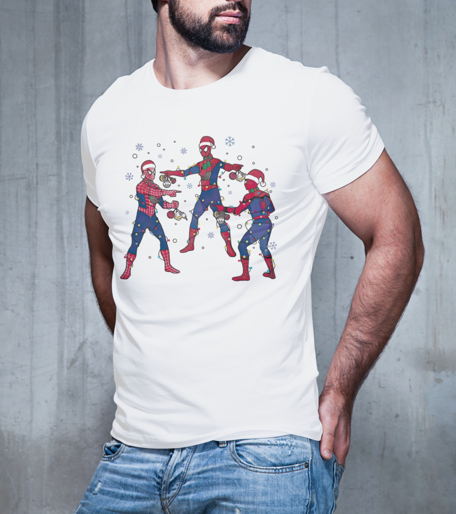 Funny Marvel Three Spiderman Meme Santa Christmas Lights Snowflakes T-Shirt