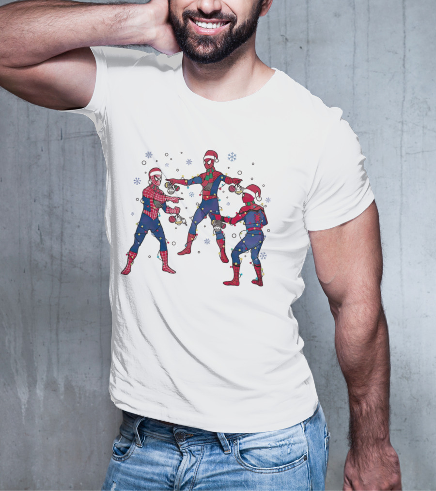 Funny Marvel Three Spiderman Meme Santa Christmas Lights Snowflakes T-Shirt