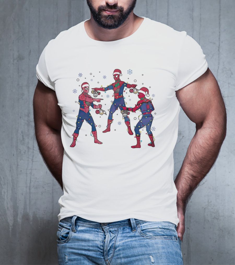 Funny Marvel Three Spiderman Meme Santa Christmas Lights Snowflakes T-Shirt