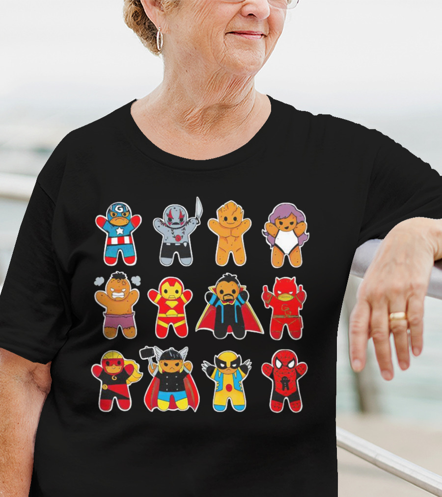 Gingerbread Super Heroes Cookie Avengers Guardians Comic Fun T-Shirt
