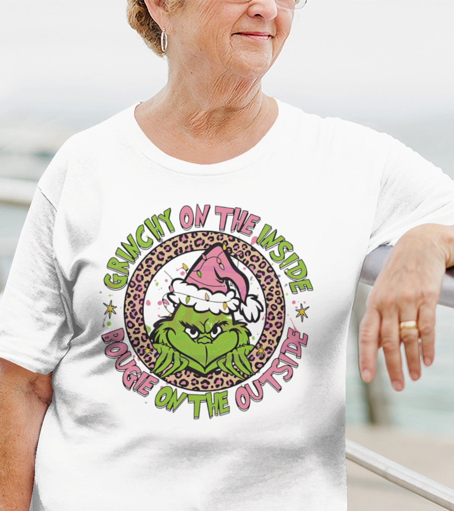 Grinchy On The Inside Bougie On The Outside Leopard Santa Hat T-Shirt