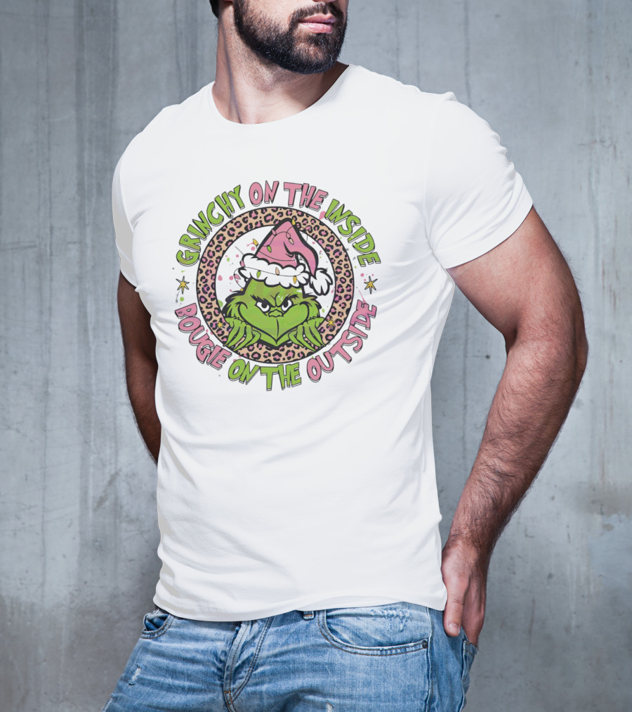 Grinchy On The Inside Bougie On The Outside Leopard Santa Hat T-Shirt