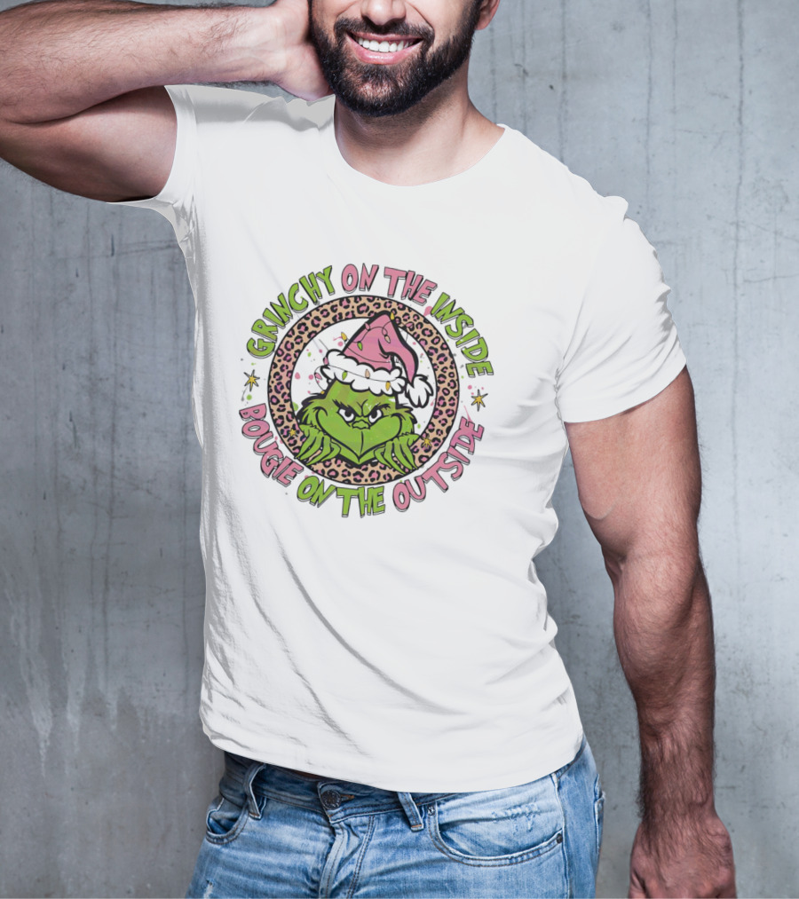Grinchy On The Inside Bougie On The Outside Leopard Santa Hat T-Shirt