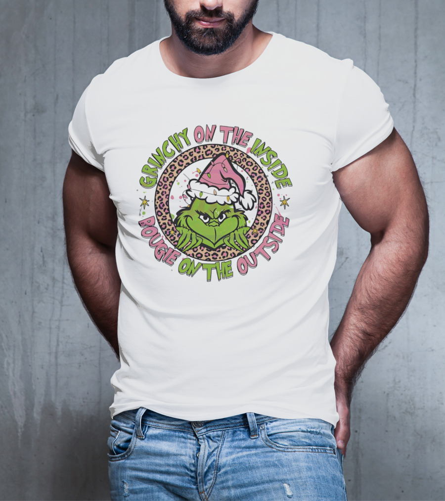 Grinchy On The Inside Bougie On The Outside Leopard Santa Hat T-Shirt
