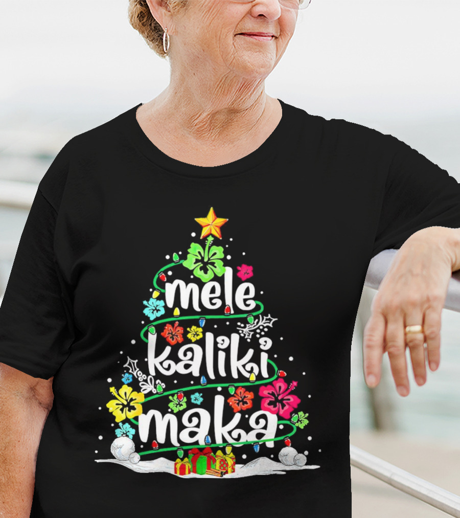 Mele Kalikimaka Christmas Tree With Flowers And Gifts T-Shirt