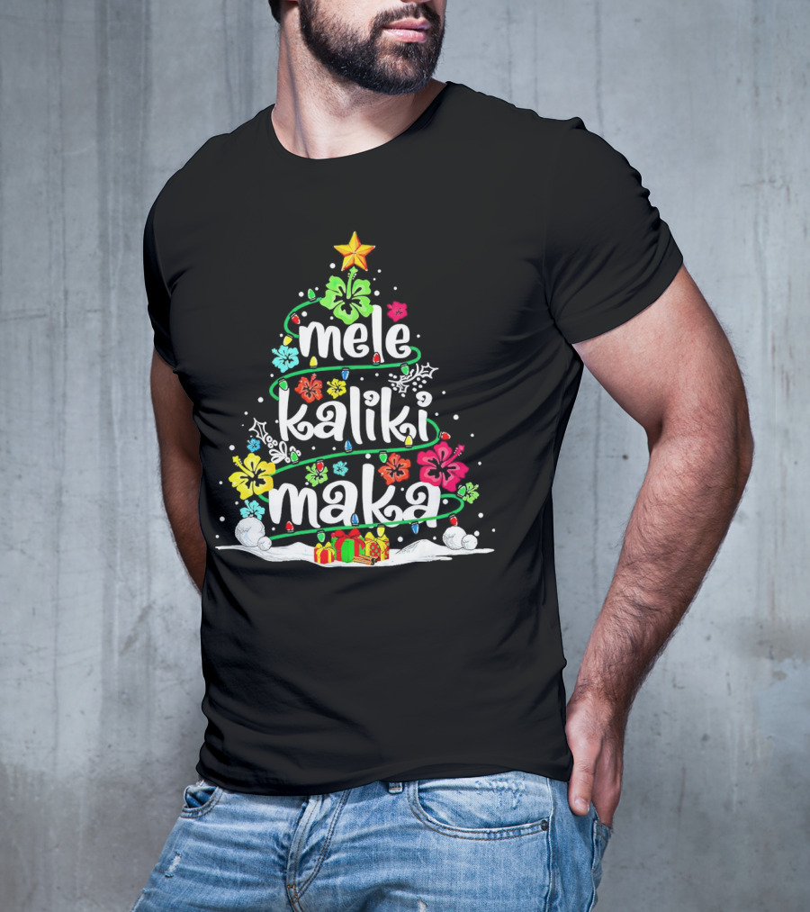 Mele Kalikimaka Christmas Tree With Flowers And Gifts T-Shirt