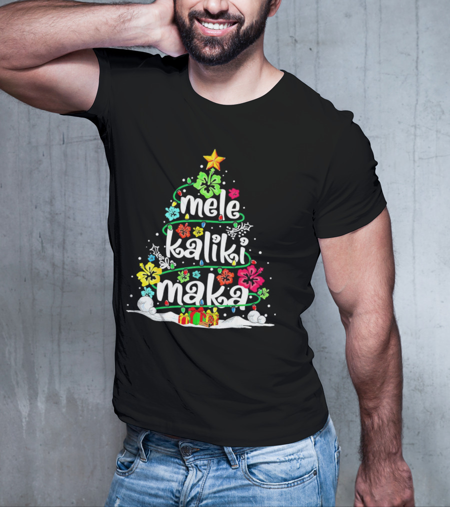 Mele Kalikimaka Christmas Tree With Flowers And Gifts T-Shirt