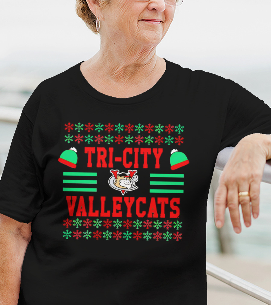 Tri-City ValleyCats Holiday Snowflake Pattern With Festive Hat And Cat T-Shirt