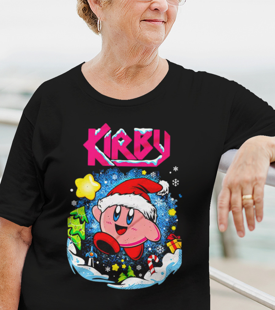 Kirby Holiday Snow Adventure With Kreator Style Santa Hat And Winter Delights T-Shirt