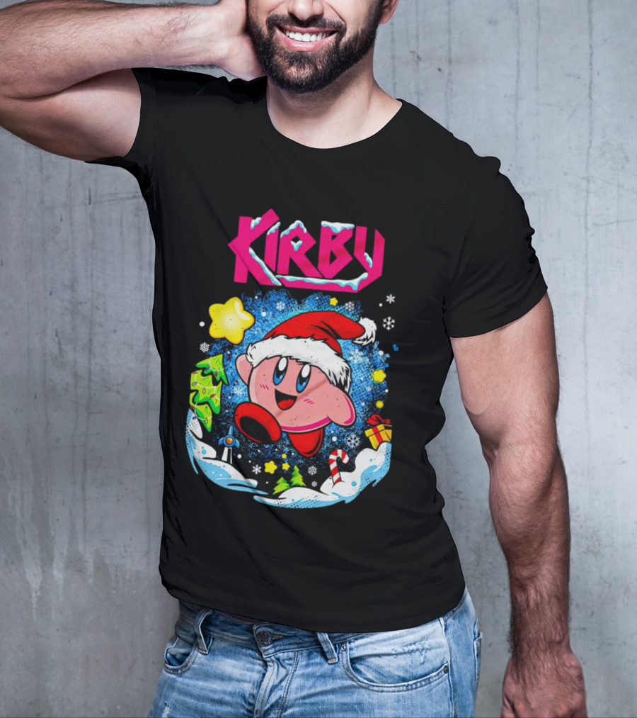 Kirby Holiday Snow Adventure With Kreator Style Santa Hat And Winter Delights T-Shirt