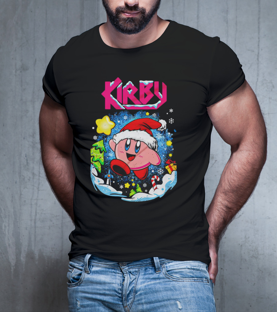 Kirby Holiday Snow Adventure With Kreator Style Santa Hat And Winter Delights T-Shirt