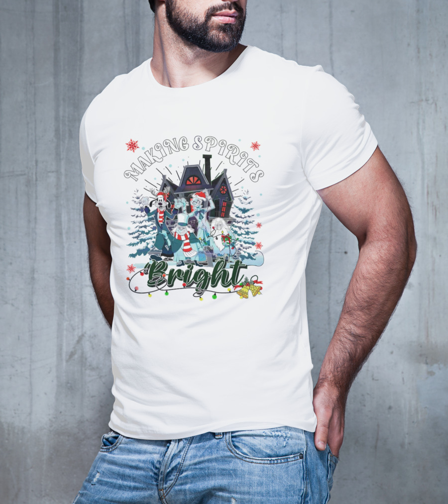 Making Spirits Bright Haunted Mansion Christmas Ghosts In Winter Scene T-Shirt