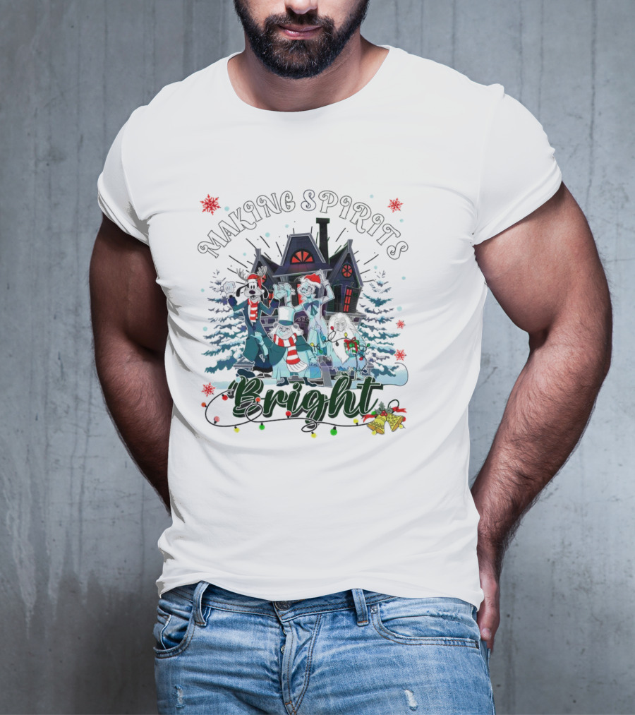 Making Spirits Bright Haunted Mansion Christmas Ghosts In Winter Scene T-Shirt