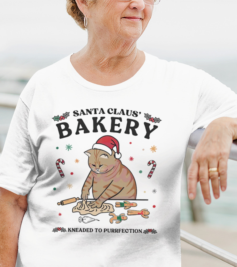 Santa Claus' Bakery Kneaded To Purrfection Cat With Santa Hat Making Cookies T-Shirt