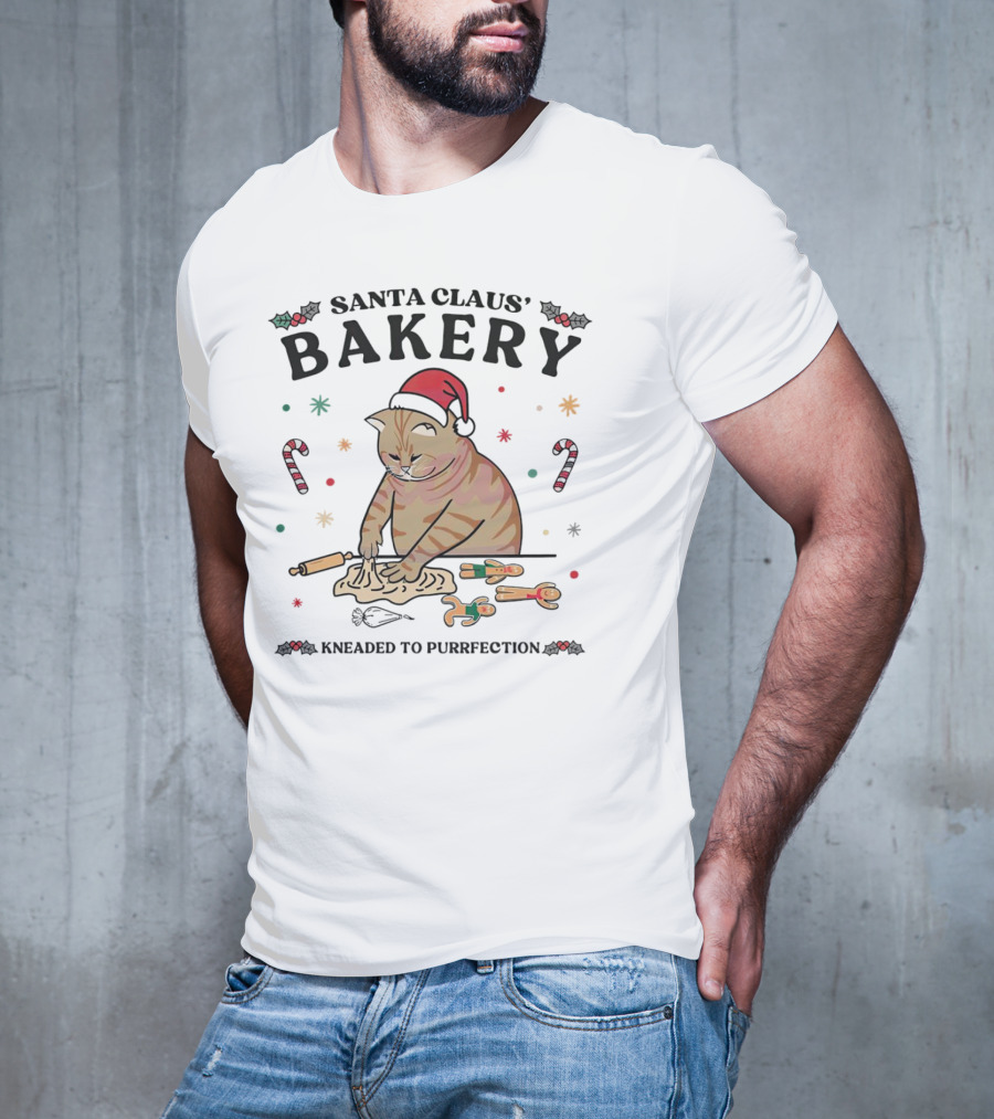 Santa Claus' Bakery Kneaded To Purrfection Cat With Santa Hat Making Cookies T-Shirt