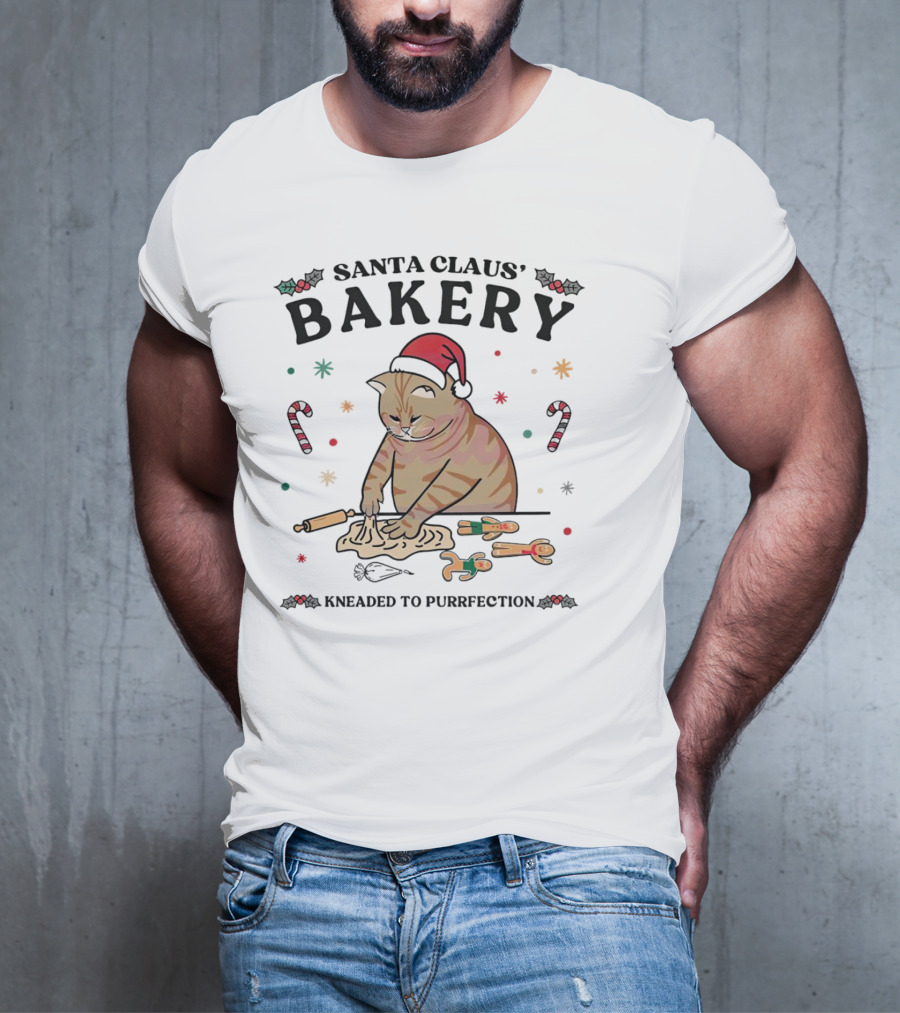 Santa Claus' Bakery Kneaded To Purrfection Cat With Santa Hat Making Cookies T-Shirt