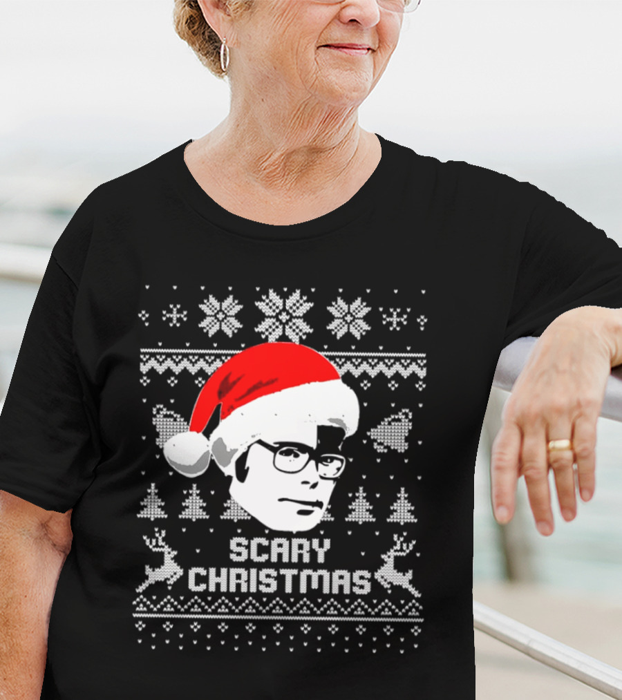 Stephen King Scary Christmas Ugly Sweater Santa Hat Reindeer Snowflakes T-Shirt