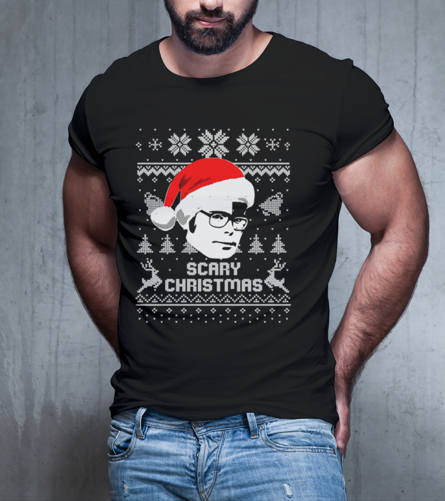 Stephen King Scary Christmas Ugly Sweater Santa Hat Reindeer Snowflakes T-Shirt