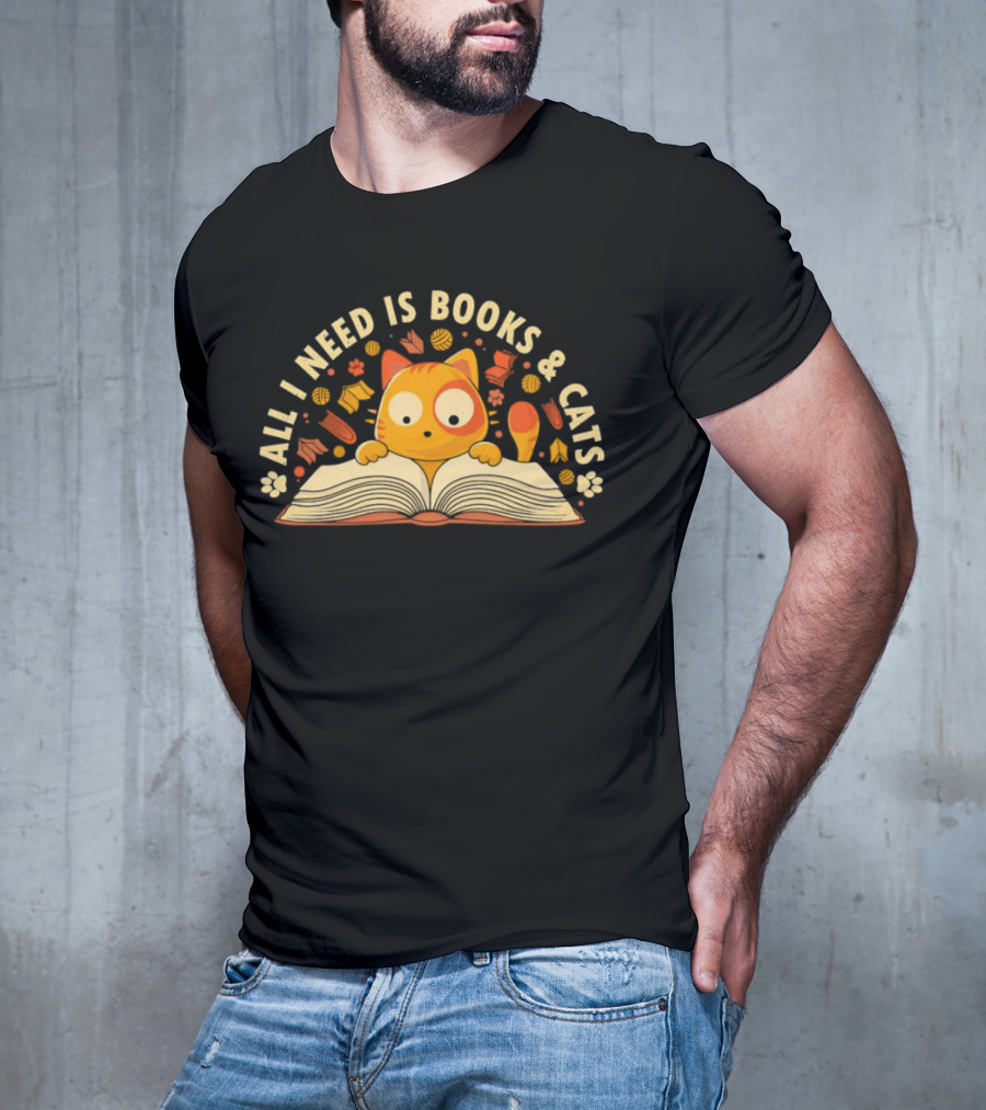 All I Need Is Books And Cats With Curious Feline And Open Book T-Shirt