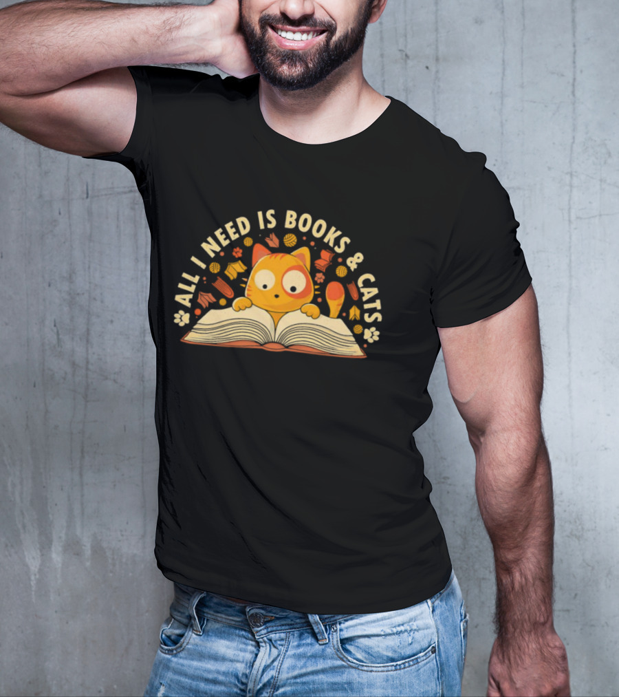 All I Need Is Books And Cats With Curious Feline And Open Book T-Shirt