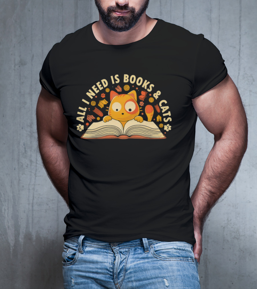 All I Need Is Books And Cats With Curious Feline And Open Book T-Shirt