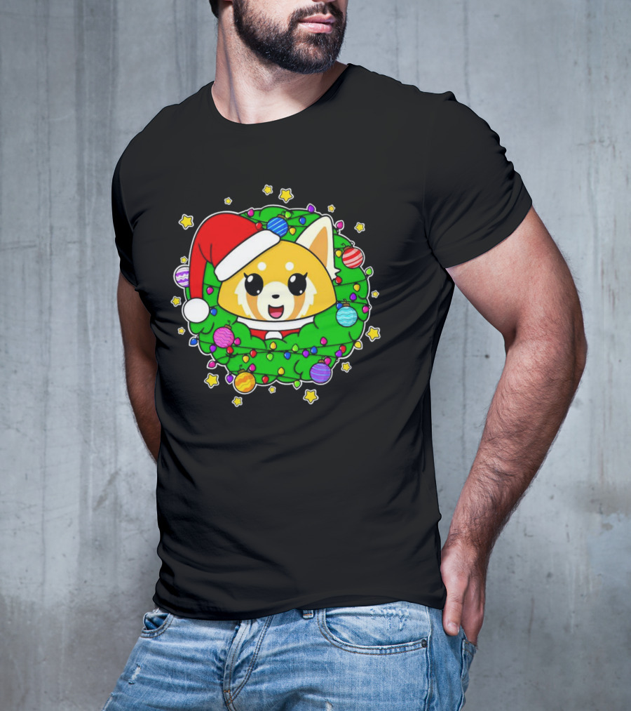 Aggressively Merry Christmas Kawaii Red Panda With Santa Hat In Holiday Wreath T-Shirt