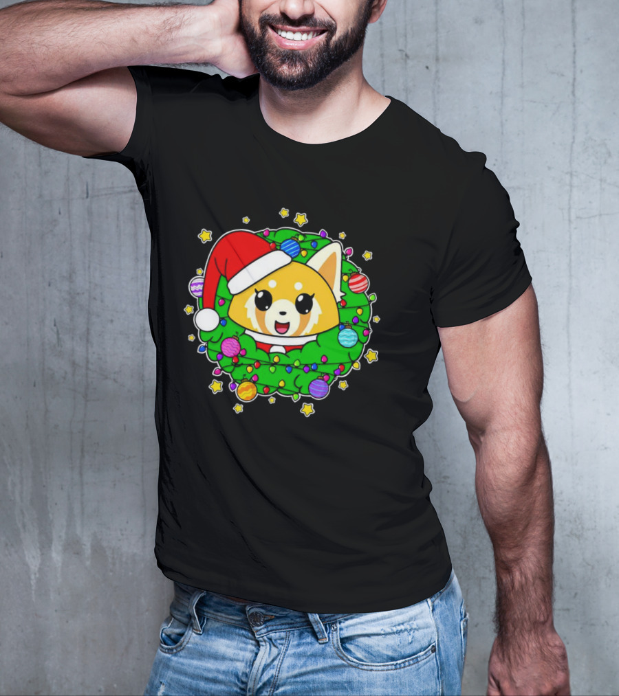 Aggressively Merry Christmas Kawaii Red Panda With Santa Hat In Holiday Wreath T-Shirt