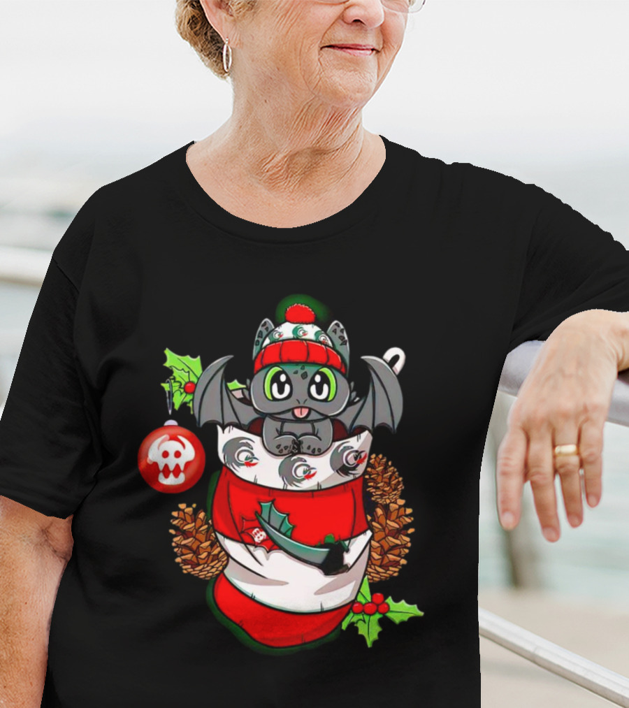 Baby Dragon Holiday Stocking With Skull Ornament And Pinecones T-Shirt