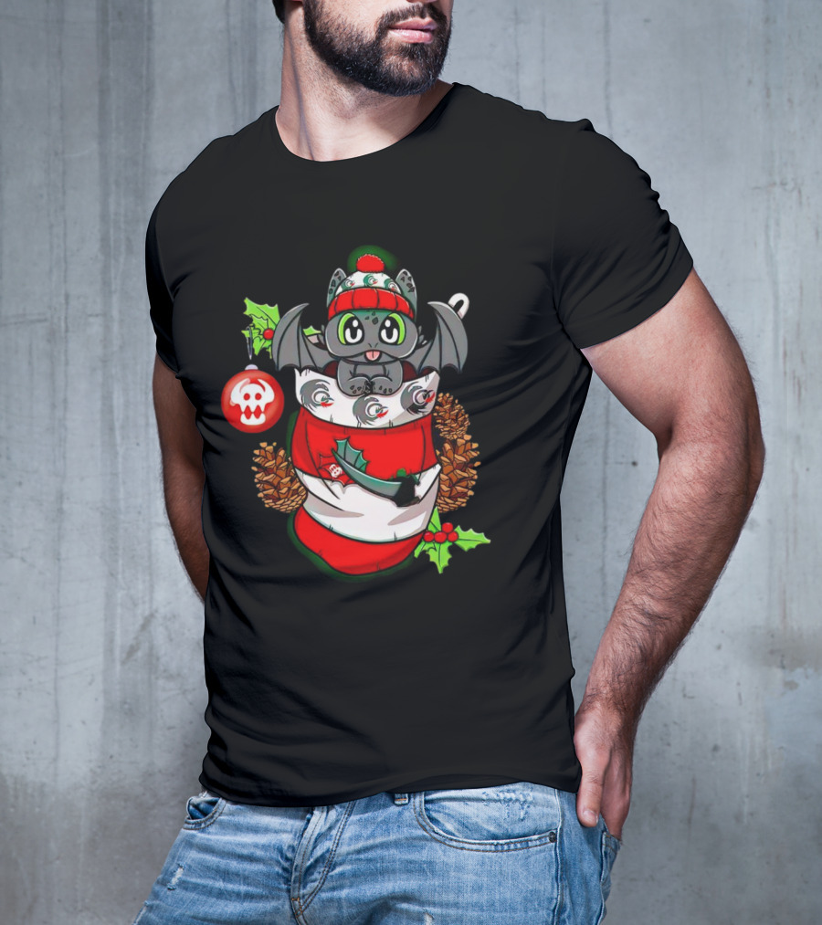 Baby Dragon Holiday Stocking With Skull Ornament And Pinecones T-Shirt