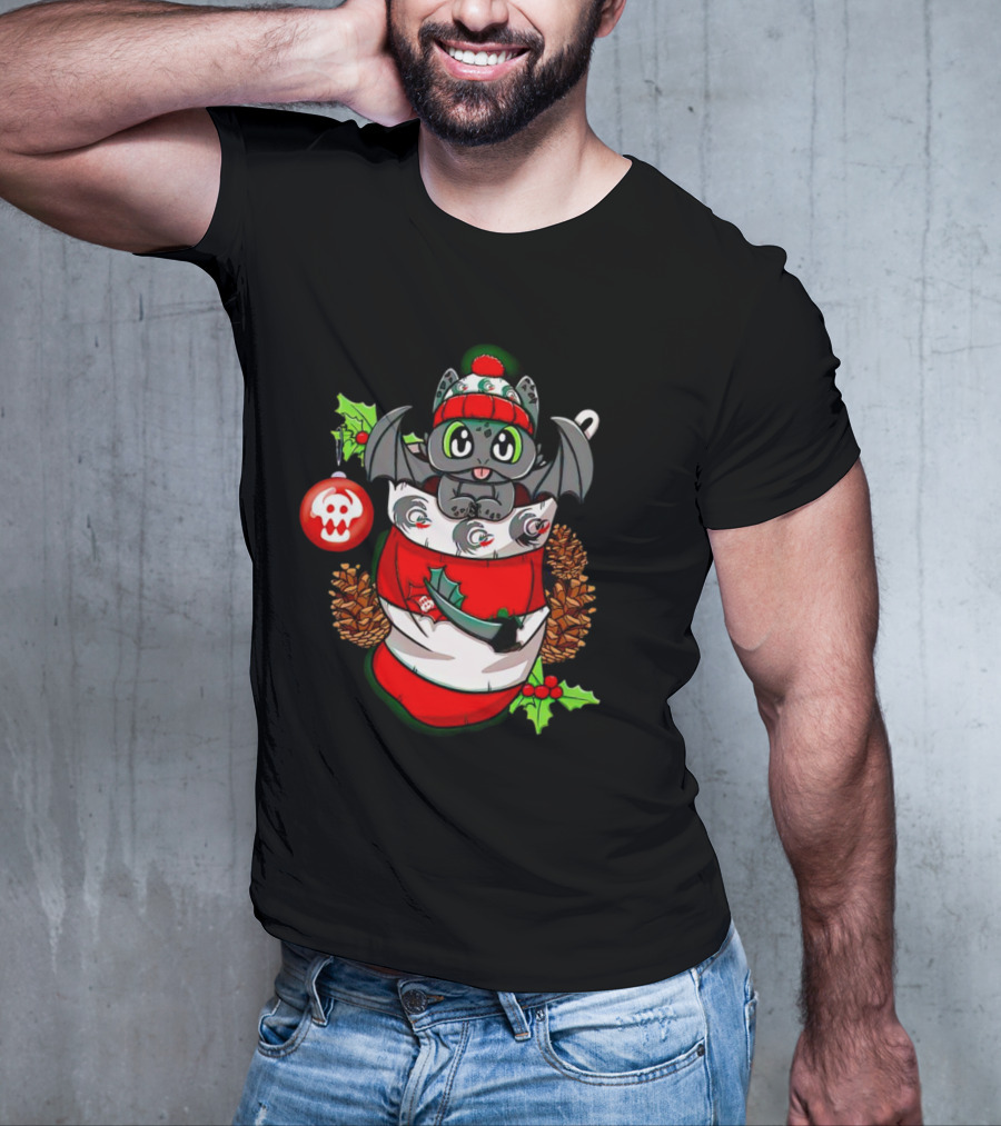 Baby Dragon Holiday Stocking With Skull Ornament And Pinecones T-Shirt