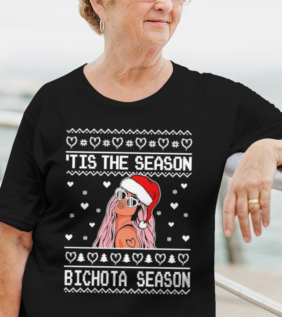 Bichota Season 'Tis The Season Christmas Santa Hat Hearts And Snowflakes T-Shirt