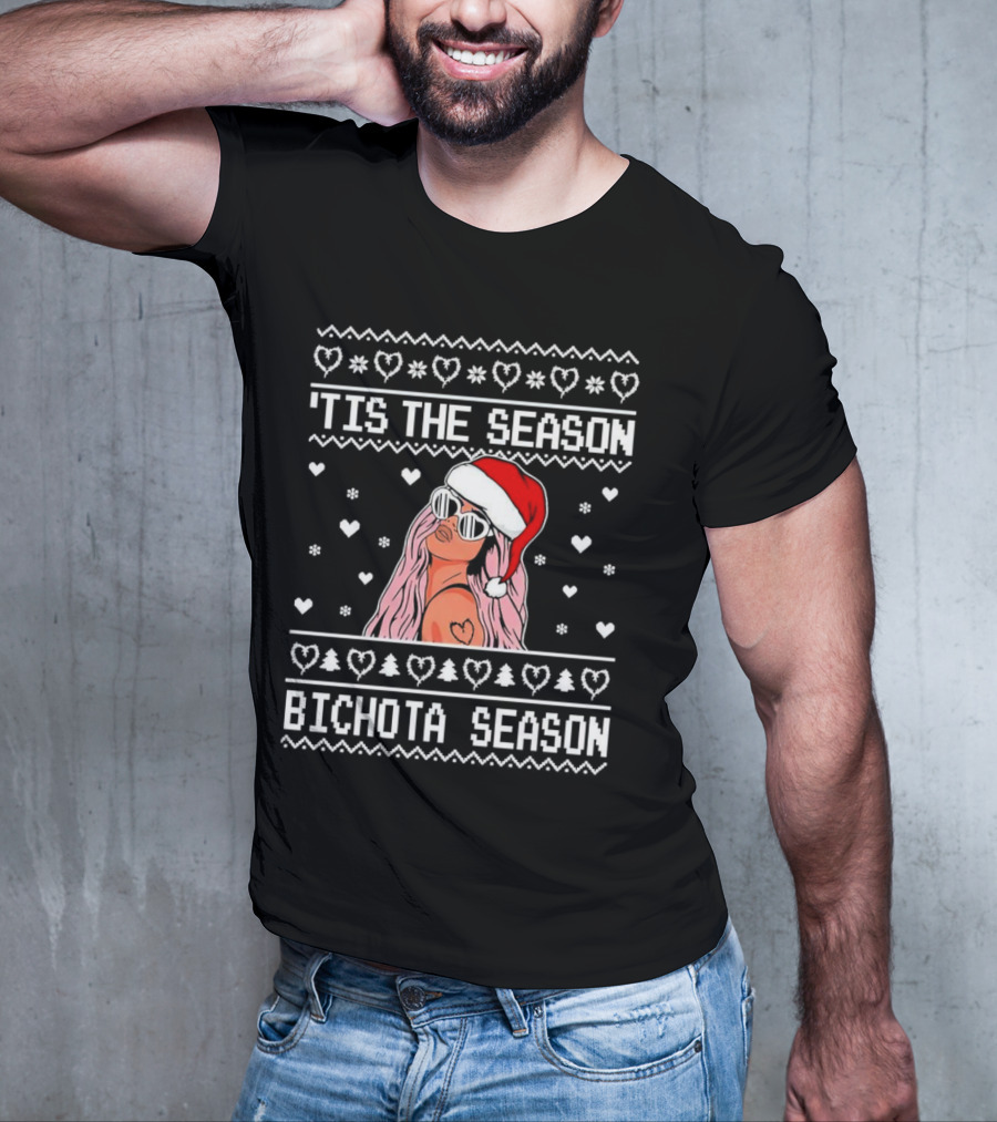 Bichota Season 'Tis The Season Christmas Santa Hat Hearts And Snowflakes T-Shirt