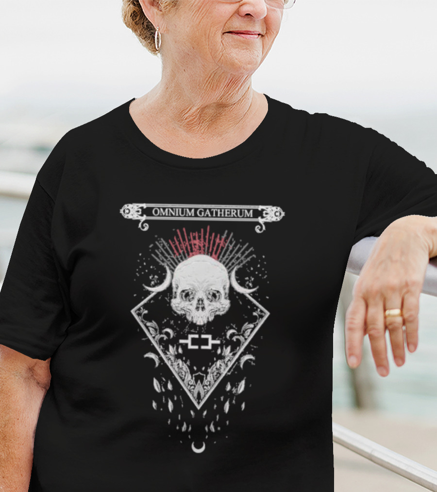 Omnium Gatherum Skull With Symbolic Red Rays And Crescent Moons T-Shirt