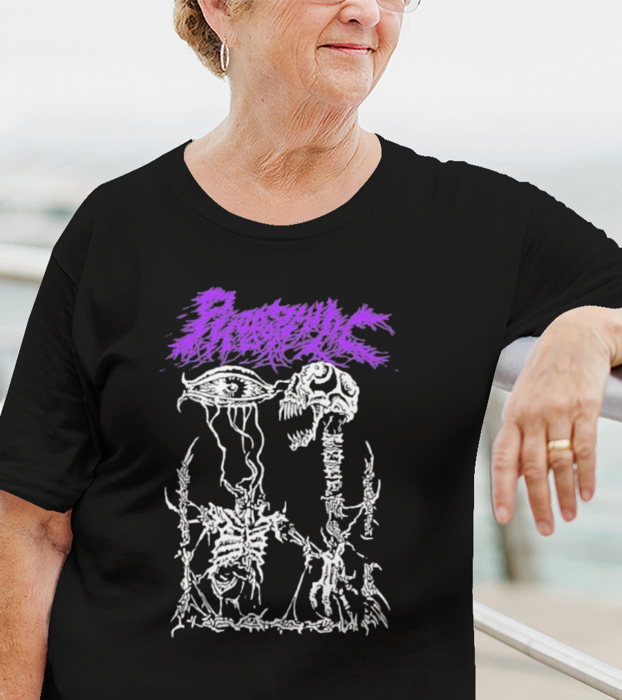 Phobophilic Eye To Eye Skeleton Skull Art Purple Text T-Shirt