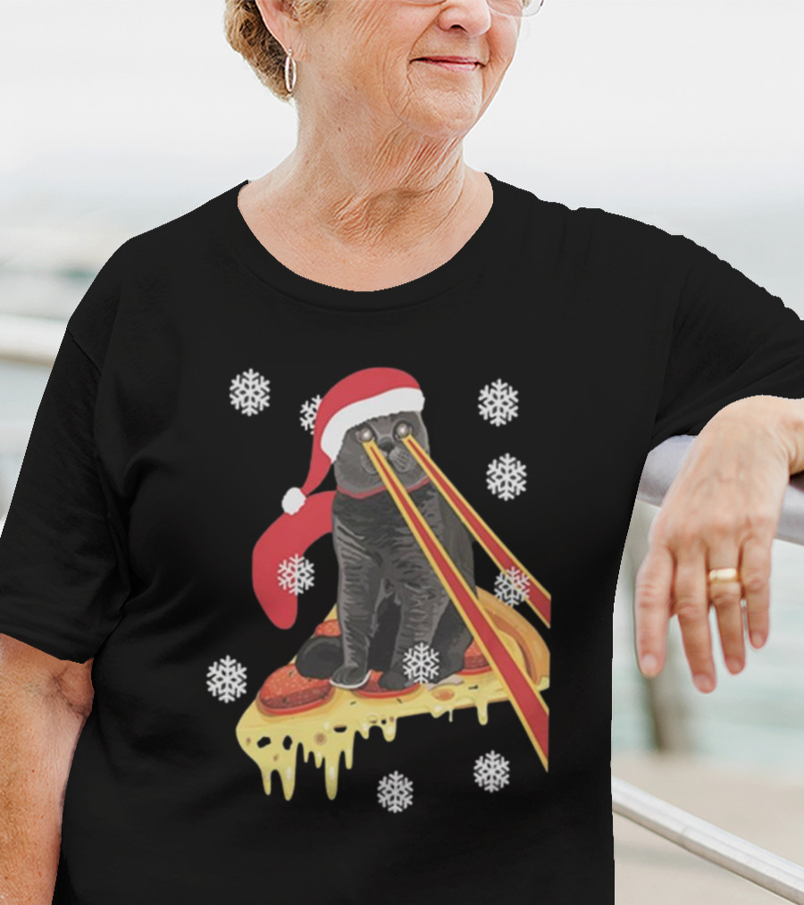 The Guardians Of The Galaxy Drax Cat Pizza Laser Eyes Santa Hat Christmas Snowflakes T-Shirt