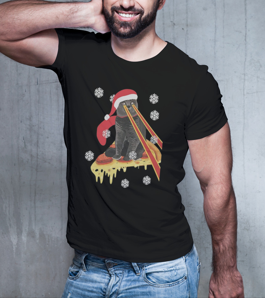 The Guardians Of The Galaxy Drax Cat Pizza Laser Eyes Santa Hat Christmas Snowflakes T-Shirt