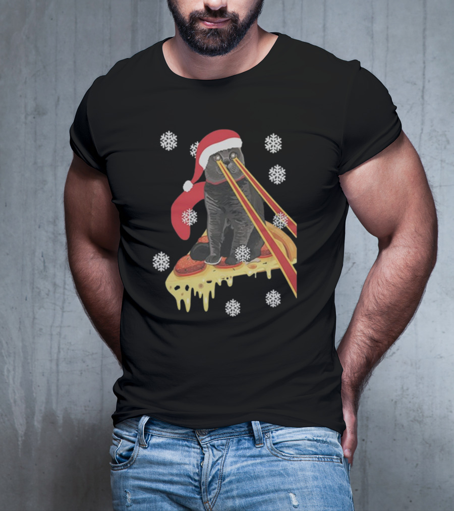 The Guardians Of The Galaxy Drax Cat Pizza Laser Eyes Santa Hat Christmas Snowflakes T-Shirt