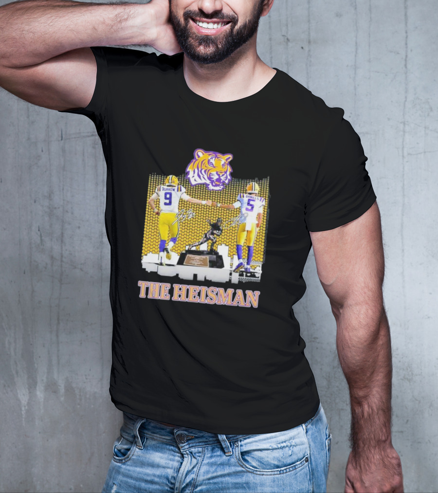 The Heisman LSU Tigers Burrow Daniels Tiger Head Football Trophy T-Shirt