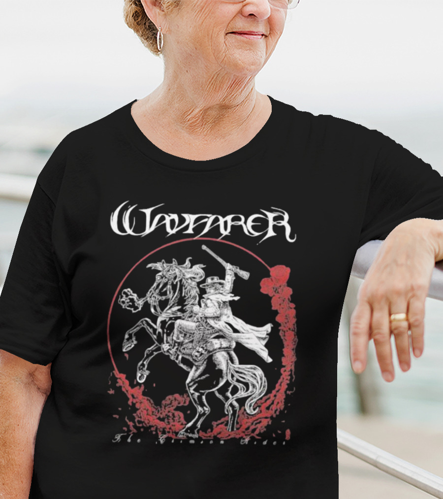 Wayfarer The Crimson Rider Vintage Western Hero On Horseback With Red Cloud Motif T-Shirt