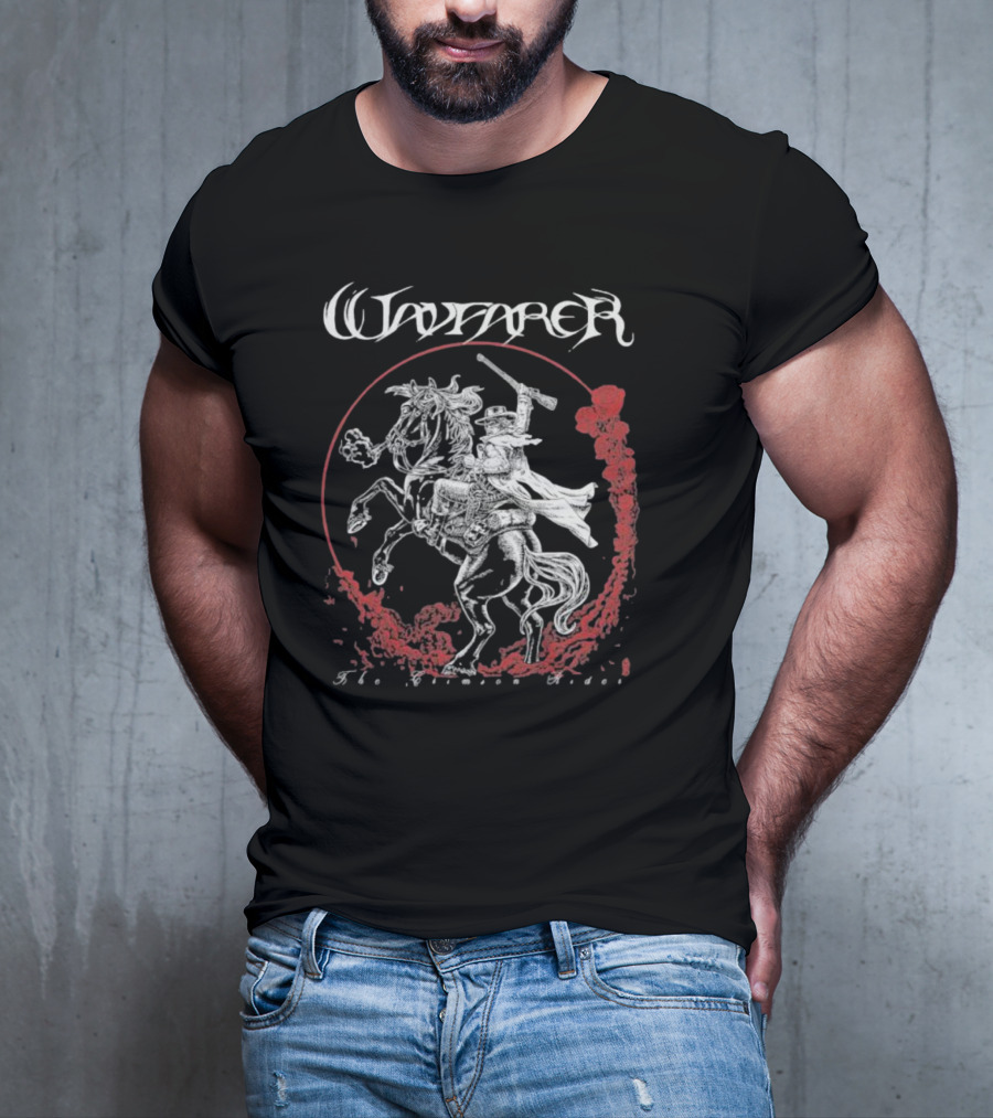 Wayfarer The Crimson Rider Vintage Western Hero On Horseback With Red Cloud Motif T-Shirt