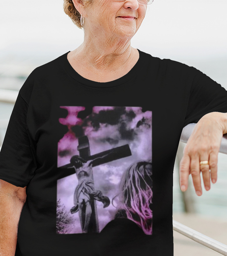 Zakk Wylde Jesus Crucifixion Image With Dark Sky And Blonde Hair Motif T-Shirt