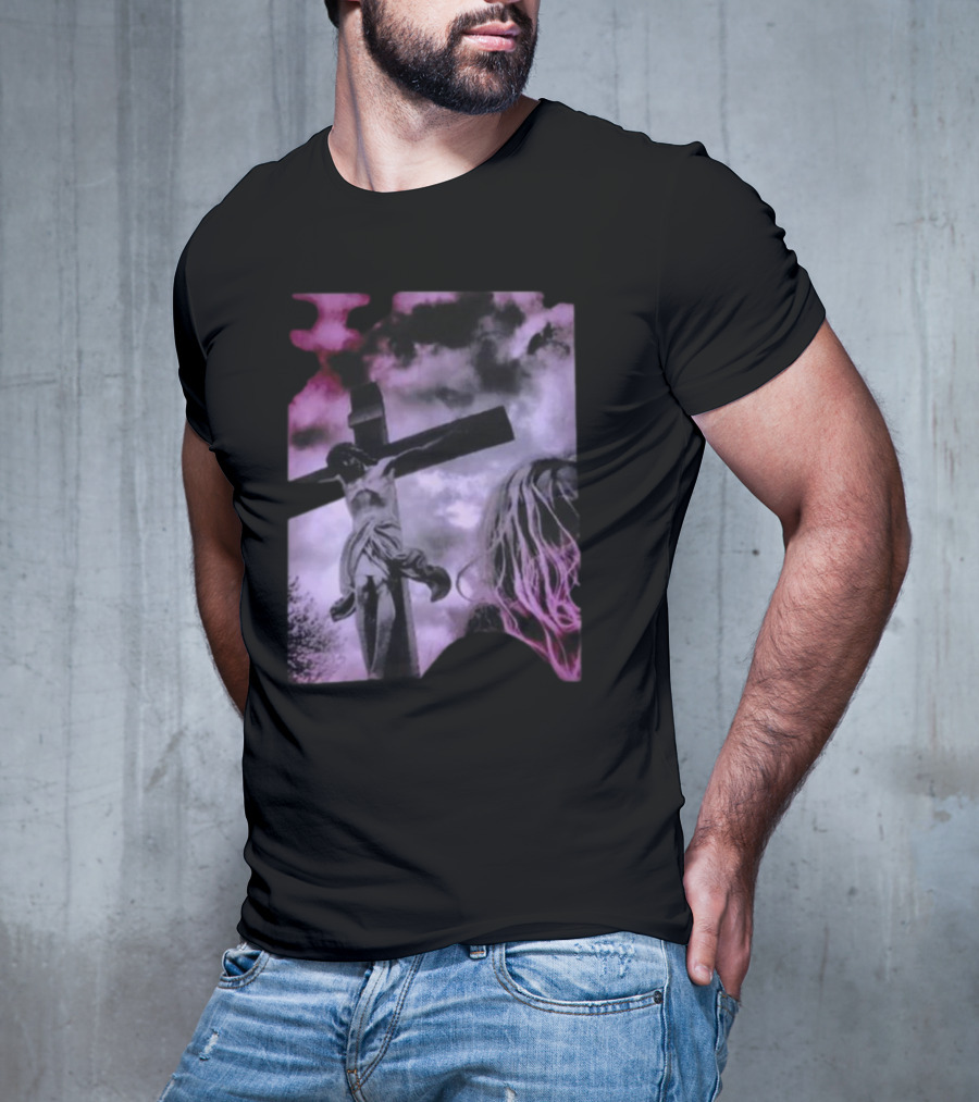 Zakk Wylde Jesus Crucifixion Image With Dark Sky And Blonde Hair Motif T-Shirt