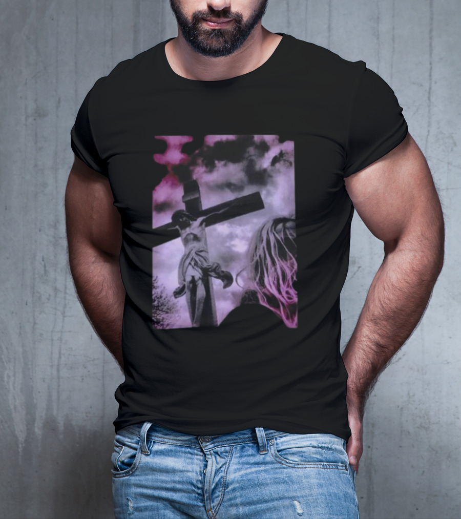 Zakk Wylde Jesus Crucifixion Image With Dark Sky And Blonde Hair Motif T-Shirt