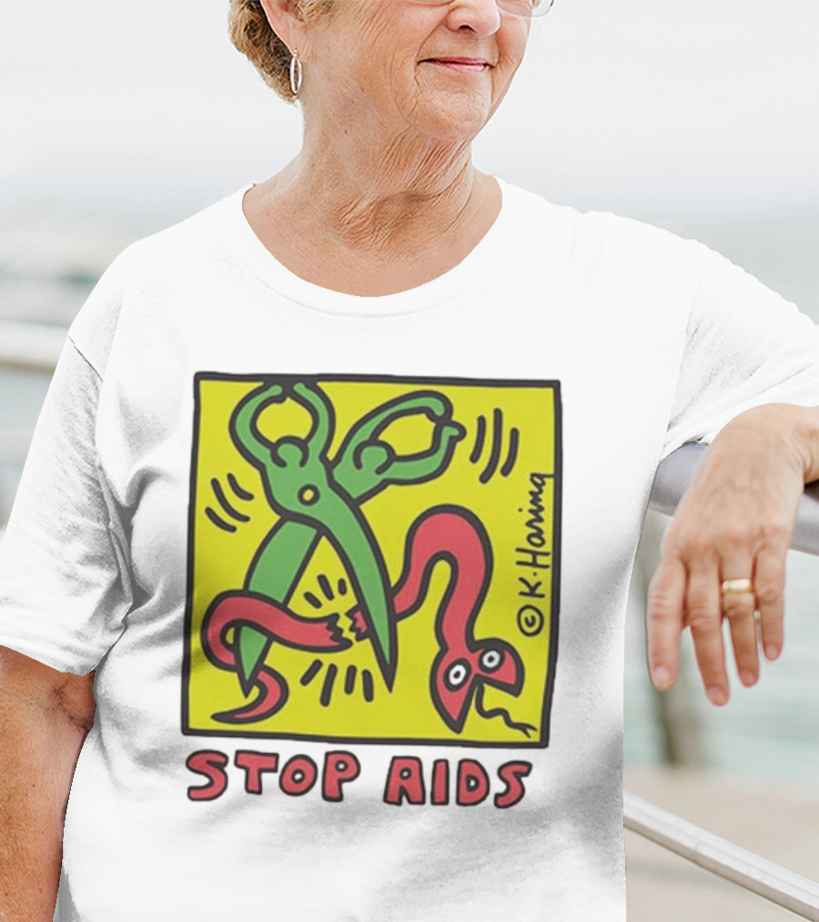 Keith Haring Stop Aids Scissors Cutting Snake T-Shirt