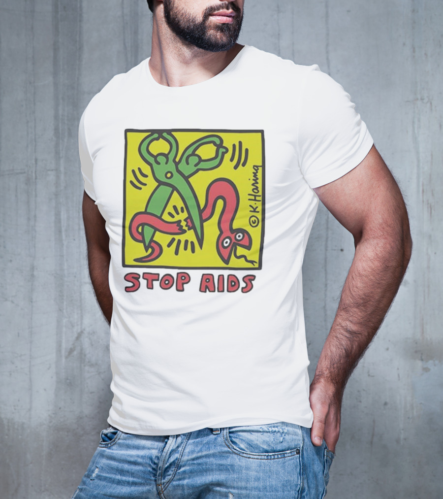 Keith Haring Stop Aids Scissors Cutting Snake T-Shirt
