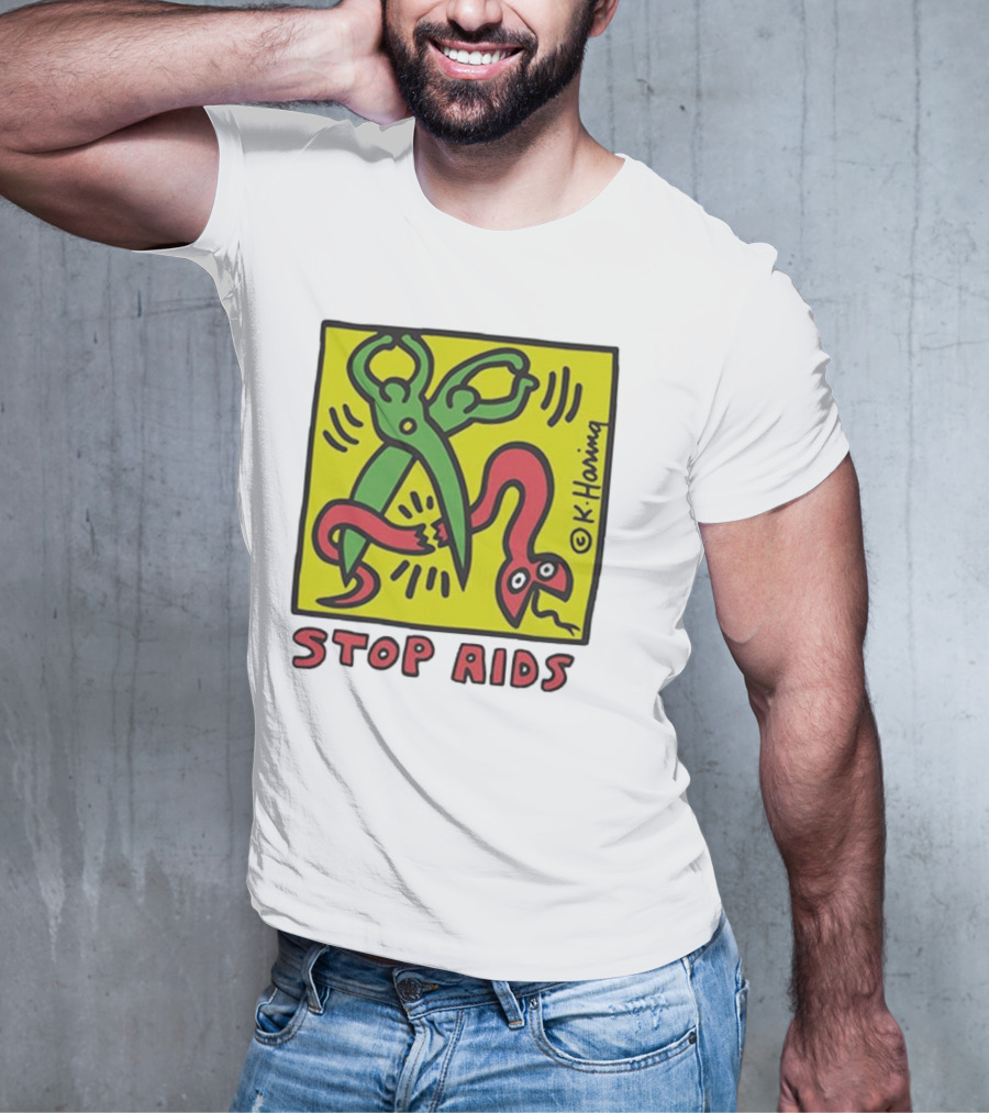 Keith Haring Stop Aids Scissors Cutting Snake T-Shirt